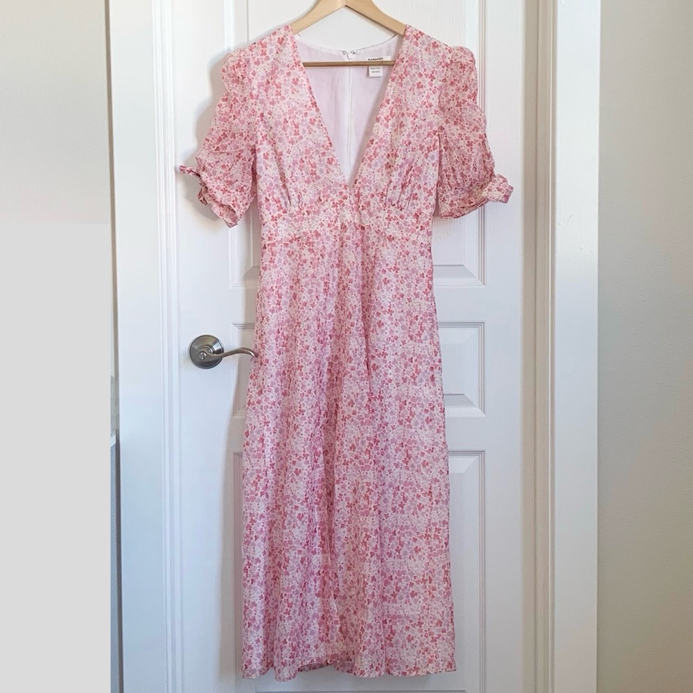 Glamorous Pink Floral V-Neck Maxi with Puff Sleeves